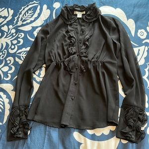 Sheer black button up ruffle collar and wrist, tuxedo style. Size 4